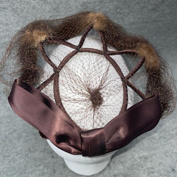 Vintage 1960s Brown Satin Bow Fascinator Hat with a Flocked Veil, Whimsical Mini - Picture 2 of 4